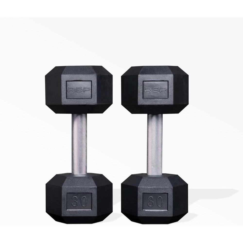 imageRep Fitness Rubber Hex Dumbbells Singles 55LB and Pairs 5LB 50LB Low Odor Fully Knurled Handle30 LB Pair