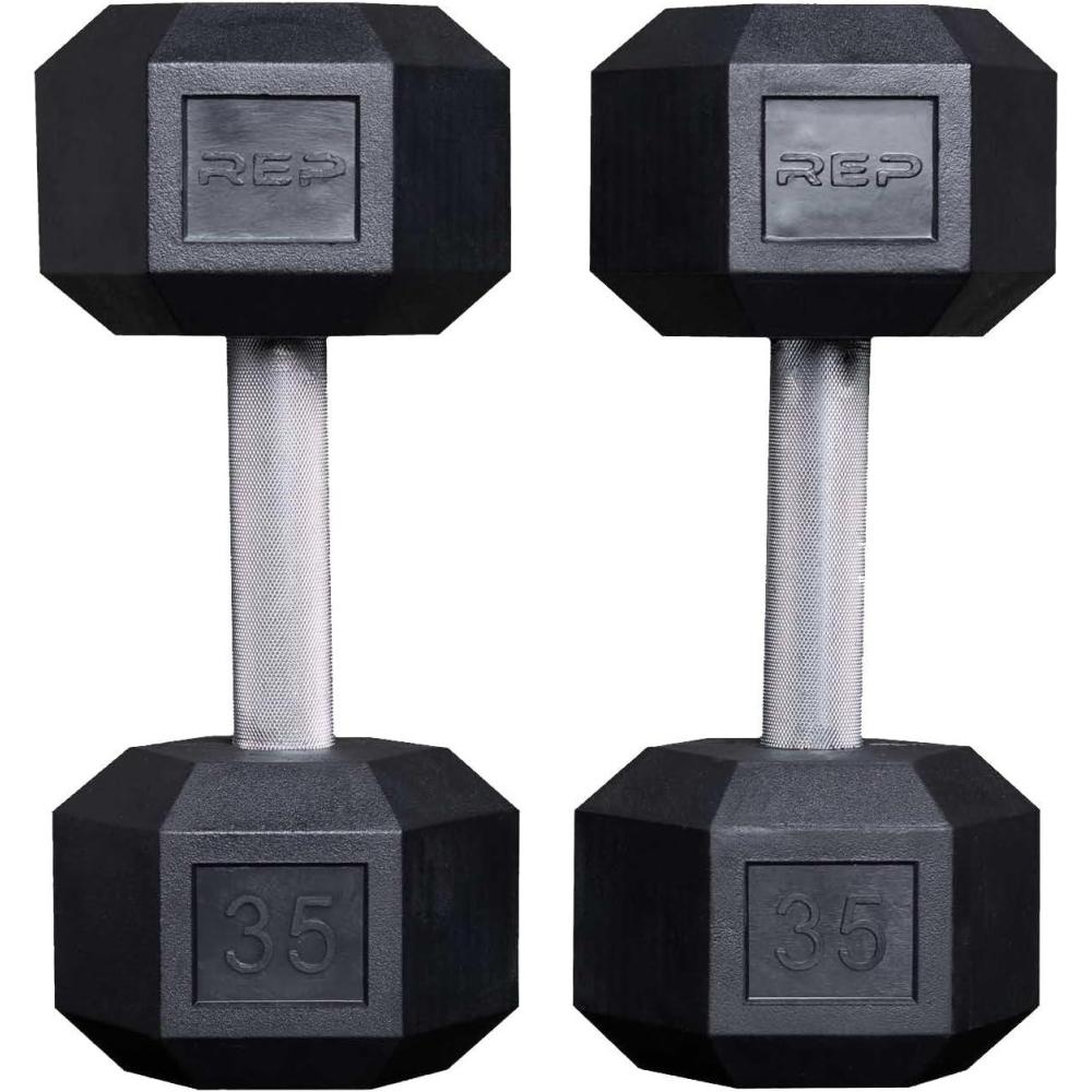 imageRep Fitness Rubber Hex Dumbbells Singles 55LB and Pairs 5LB 50LB Low Odor Fully Knurled Handle35 LB Pair