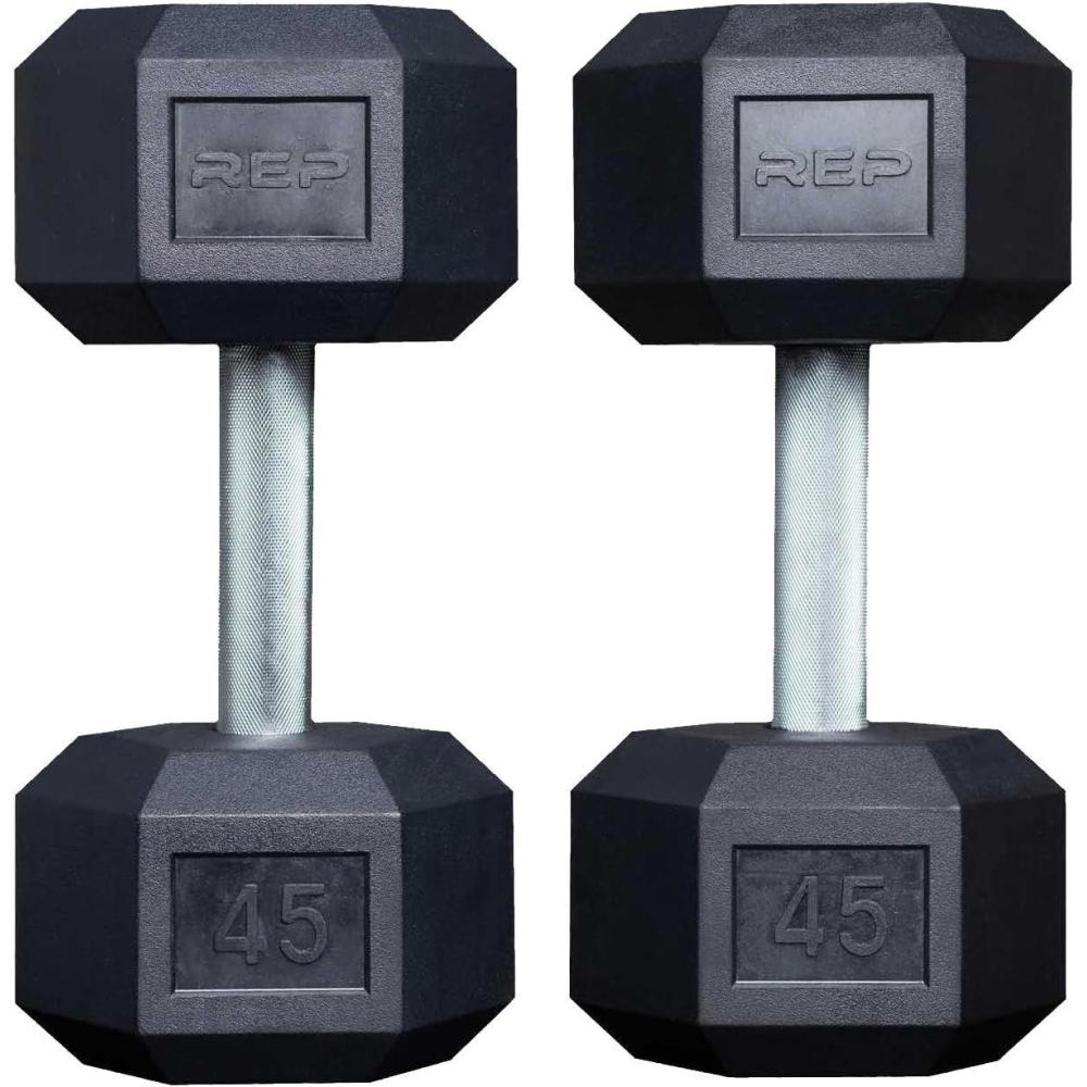 imageRep Fitness Rubber Hex Dumbbells Singles 55LB and Pairs 5LB 50LB Low Odor Fully Knurled Handle45 LB Pair