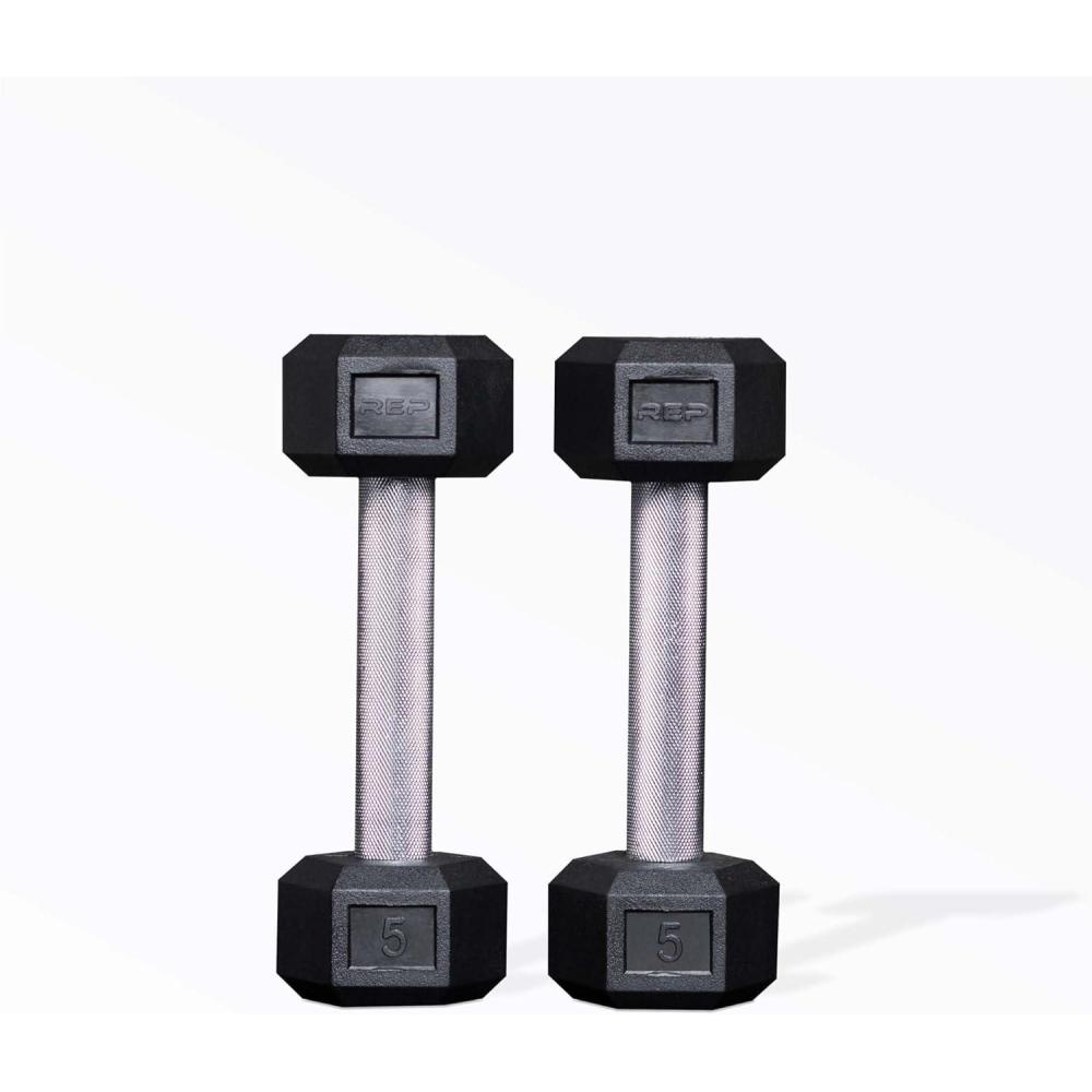 imageRep Fitness Rubber Hex Dumbbells Singles 55LB and Pairs 5LB 50LB Low Odor Fully Knurled Handle5 LB Pair