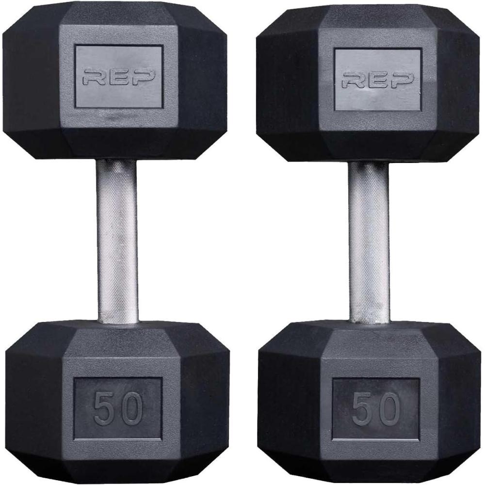 imageRep Fitness Rubber Hex Dumbbells Singles 55LB and Pairs 5LB 50LB Low Odor Fully Knurled Handle50 LB Pair