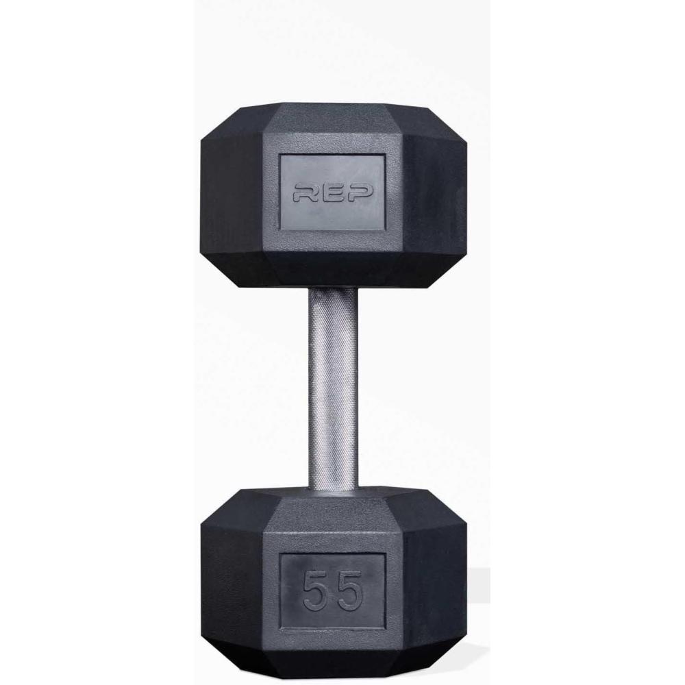 imageRep Fitness Rubber Hex Dumbbells Singles 55LB and Pairs 5LB 50LB Low Odor Fully Knurled Handle55 LB SINGLE DB
