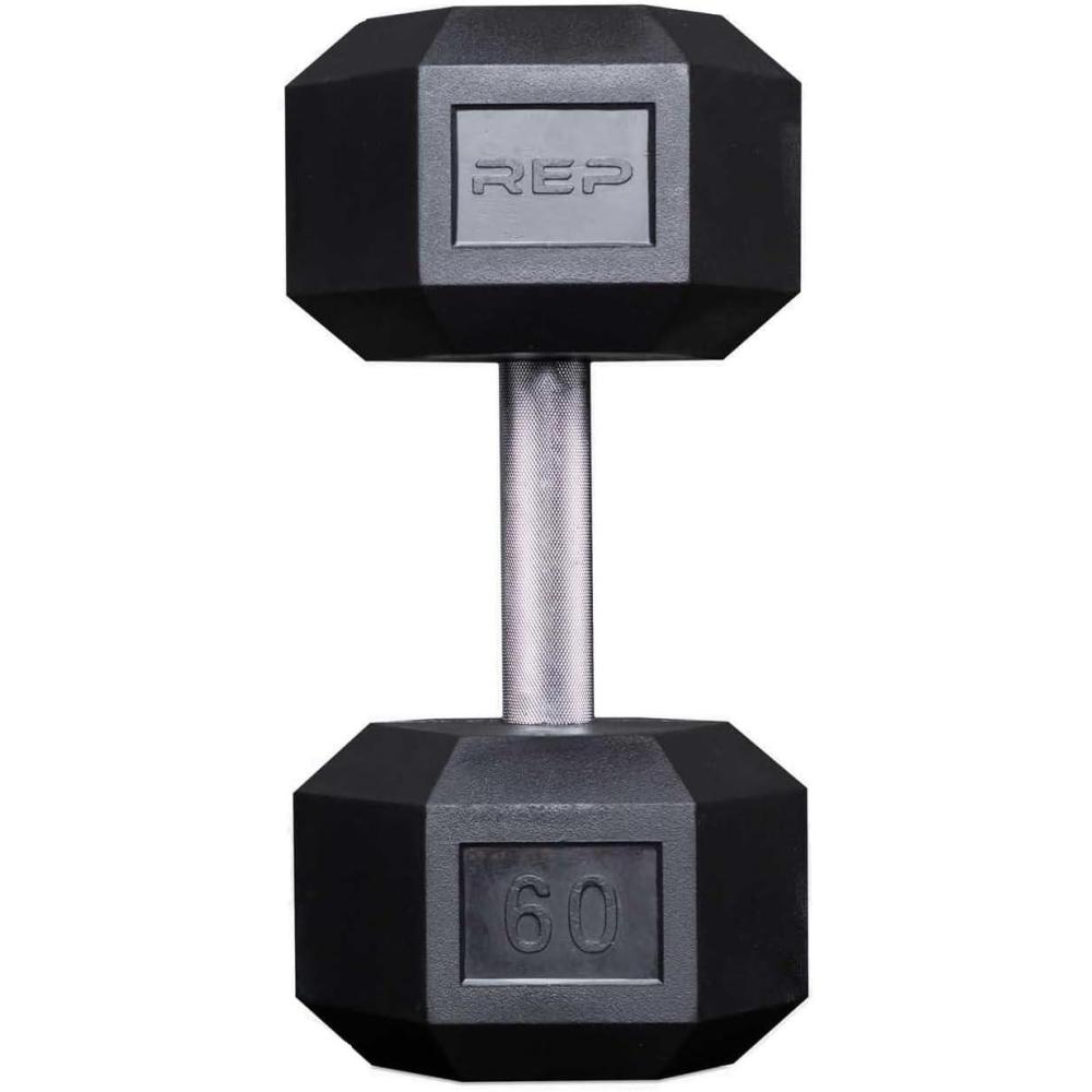 imageRep Fitness Rubber Hex Dumbbells Singles 55LB and Pairs 5LB 50LB Low Odor Fully Knurled Handle60 LB SINGLE DB