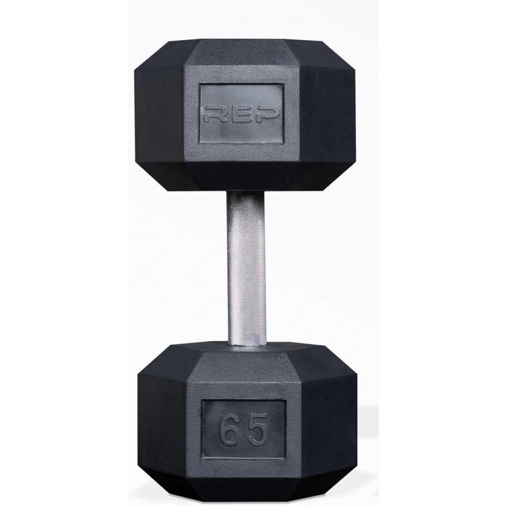 imageRep Fitness Rubber Hex Dumbbells Singles 55LB and Pairs 5LB 50LB Low Odor Fully Knurled Handle65 LB SINGLE DB
