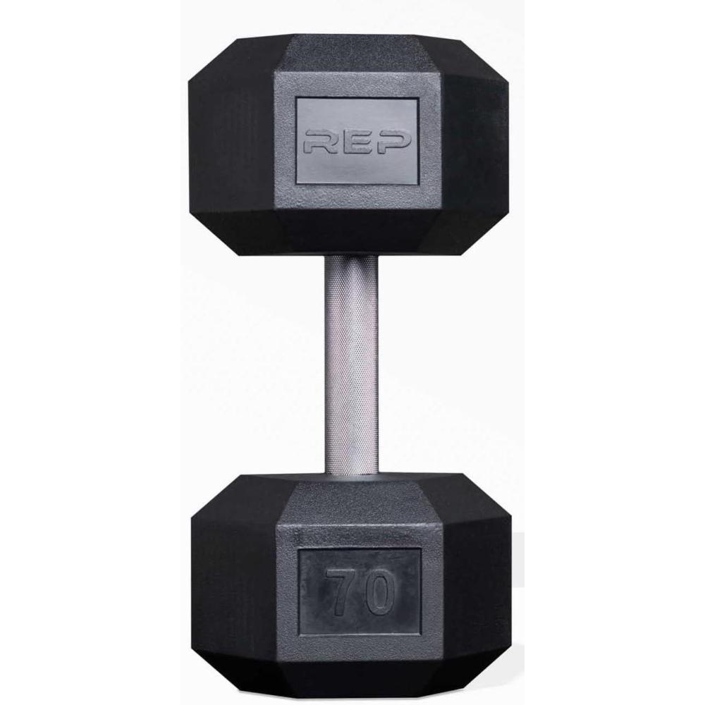 imageRep Fitness Rubber Hex Dumbbells Singles 55LB and Pairs 5LB 50LB Low Odor Fully Knurled Handle70 LB SINGLE DB