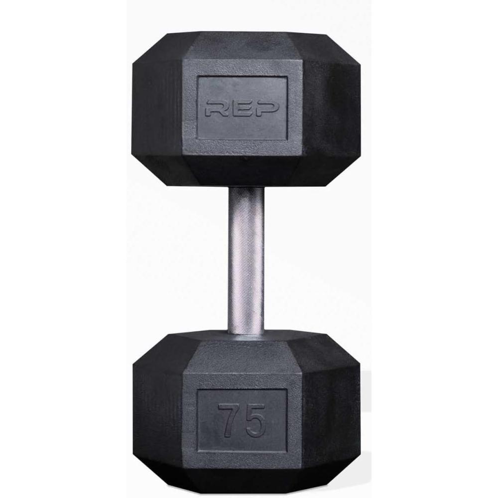 imageRep Fitness Rubber Hex Dumbbells Singles 55LB and Pairs 5LB 50LB Low Odor Fully Knurled Handle75 LB SINGLE DB