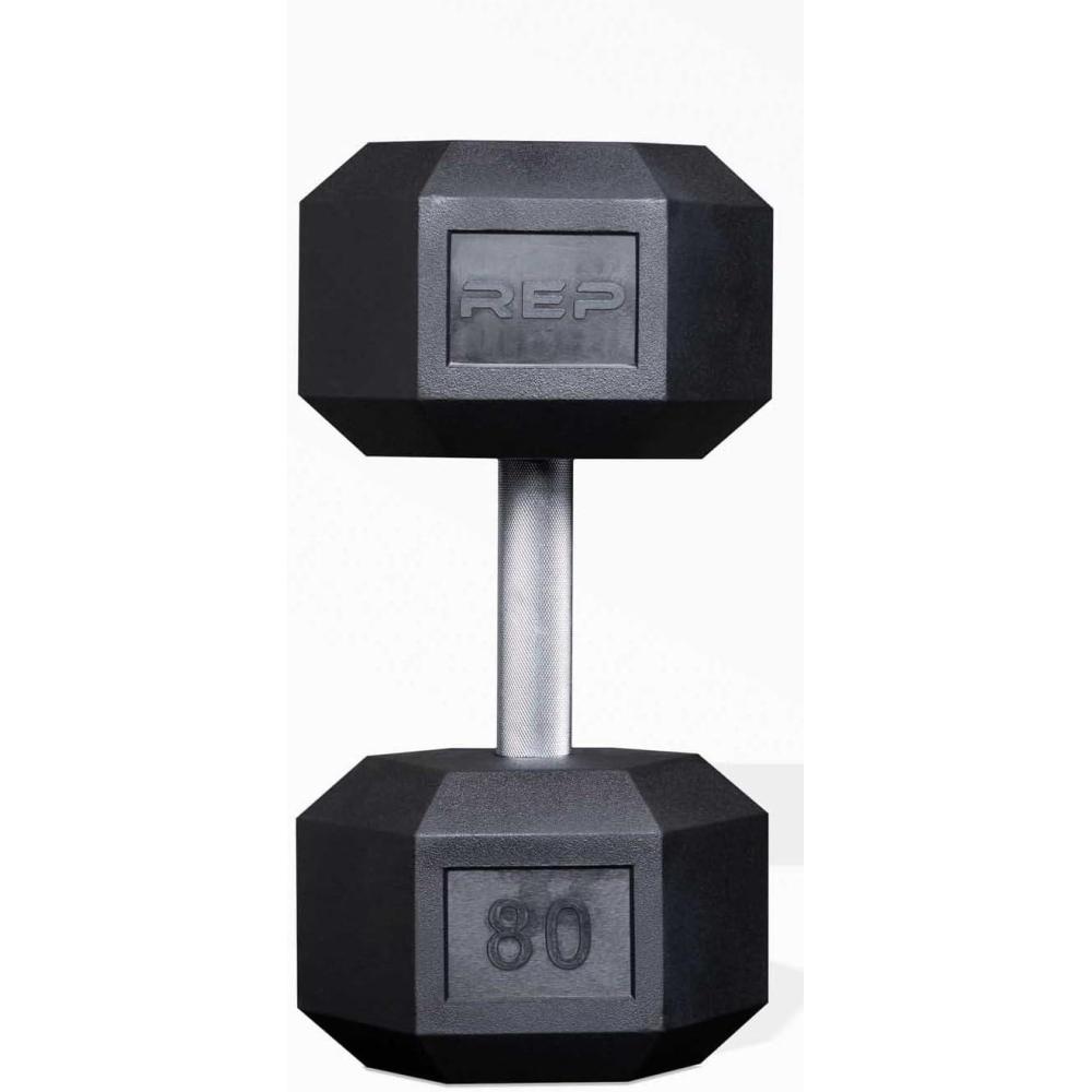 imageRep Fitness Rubber Hex Dumbbells Singles 55LB and Pairs 5LB 50LB Low Odor Fully Knurled Handle80 LB SINGLE DB