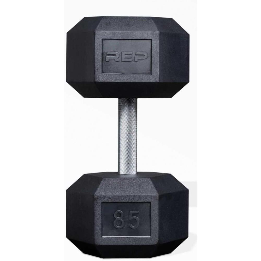 imageRep Fitness Rubber Hex Dumbbells Singles 55LB and Pairs 5LB 50LB Low Odor Fully Knurled Handle85 LB SINGLE DB