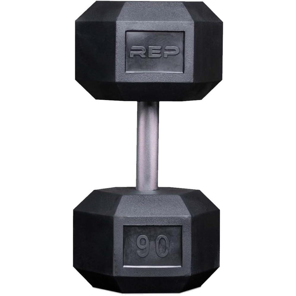 imageRep Fitness Rubber Hex Dumbbells Singles 55LB and Pairs 5LB 50LB Low Odor Fully Knurled Handle90 LB SINGLE DB