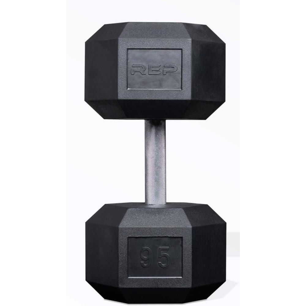 imageRep Fitness Rubber Hex Dumbbells Singles 55LB and Pairs 5LB 50LB Low Odor Fully Knurled Handle95 LB SINGLE DB