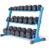 REP Fitness Rubber Hex Dumbbell Set, Adjustable Weight Pairs, Home Gym Equipment, Strength Training For Men Women, Black Coated Grips, Workout Rack Storage Optional, Heavy Lb Free Weights(5-50 lb set Blue rack)