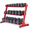 REP Fitness Rubber Hex Dumbbell Set, Adjustable Weight Pairs, Home Gym Equipment, Strength Training For Men Women, Black Coated Grips, Workout Rack Storage Optional, Heavy Lb Free Weights(5-50 lb set Red rack)