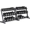 REP Fitness Urethane Coated Round Dumbbells, 5 to 100 lbs, Singles or Pairs, With or Without Rack, Steel Core, Rubber Encased, Chrome Handles, Professional Weights for Home Gym Strength Training(5-75 lb set with 3 Tier Rack)